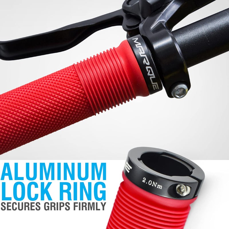 MARQUE Race Mountain Bike Handlebar Grips â€“ Single Lock-On Ring Collar MTB and BMX Bicycle Handle Bar with Non-Slip Grip, Knurly Gritty Pattern and Half Waffle Pattern (Red) - Image 3